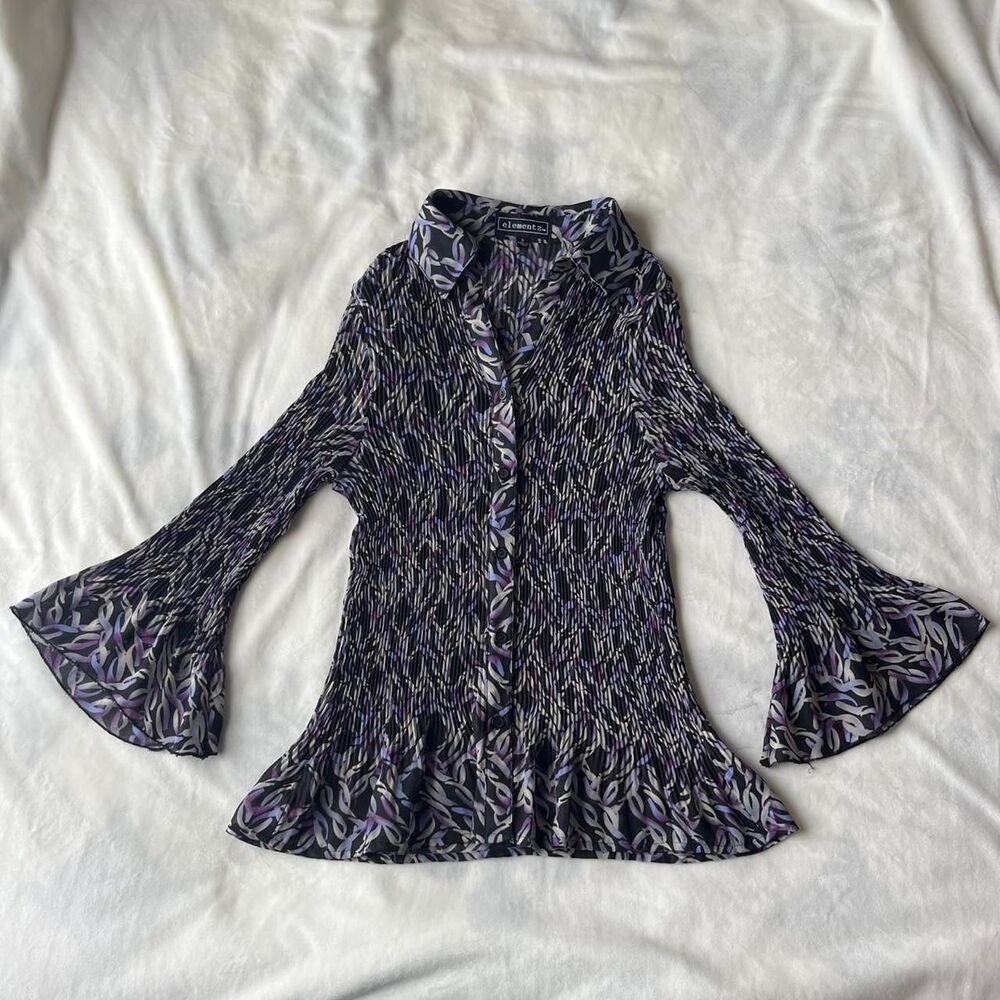 vintage Y2K Elementz fairy semi sheer purple black bell sleeve button up blouse